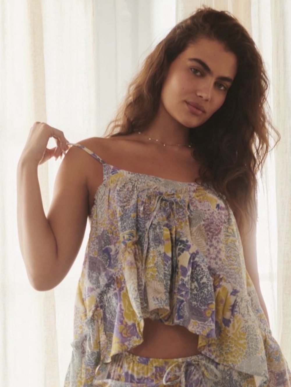 Anthropologie Sleeveless Raw Edge Yellow & Purple Floral Tiered Ruffle Cami